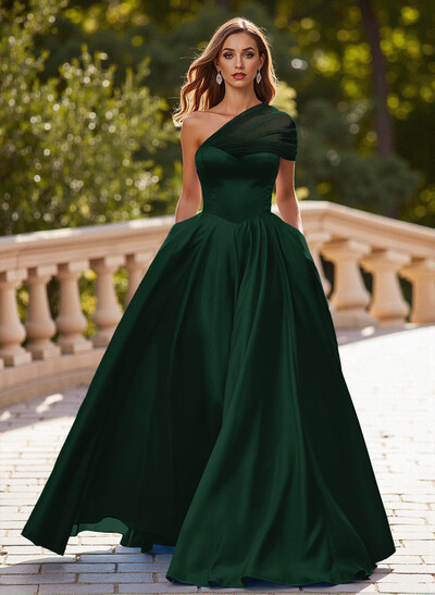 Whimsical A-Line One-Shoulder Satin Prom Dresses