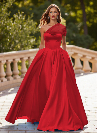 Whimsical A-Line One-Shoulder Satin Prom Dresses