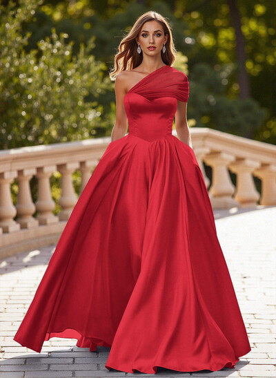 Whimsical A-Line One-Shoulder Satin Prom Dresses