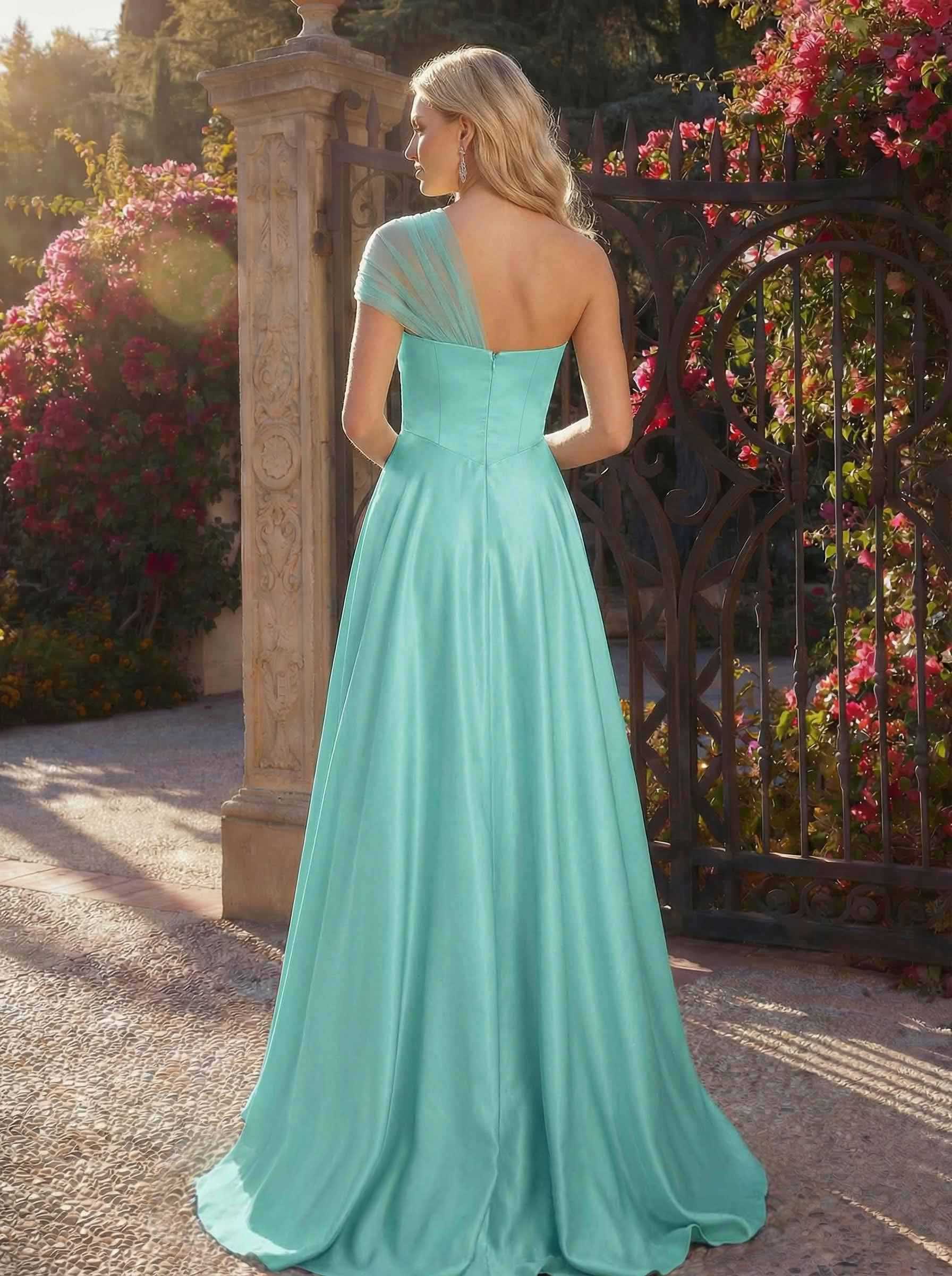 Whimsical A-Line One-Shoulder Satin Prom Dresses