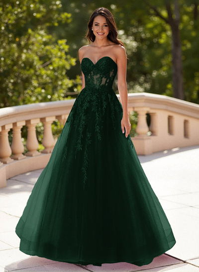 Dreamy Sweetheart Illusion Corset A-Line Sweep Train Lace/Tulle Prom Dresses