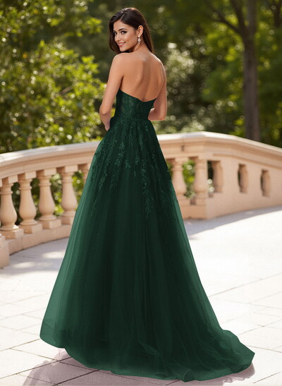 Dreamy Sweetheart Illusion Corset A-Line Sweep Train Lace/Tulle Prom Dresses