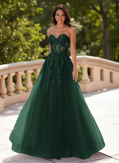 Dreamy Sweetheart Illusion Corset A-Line Sweep Train Lace/Tulle Prom Dresses