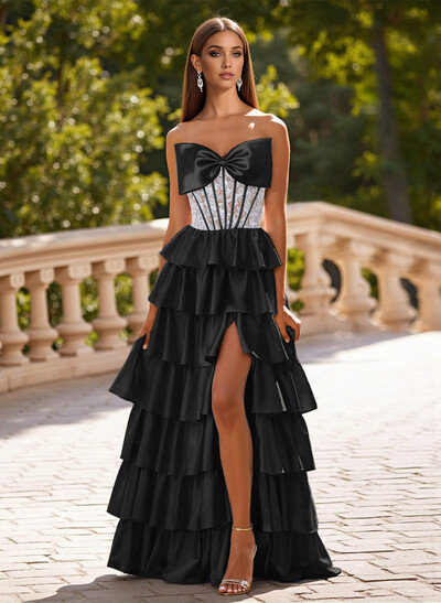Princess Ball Gown Bow Accented A-Line Charmeuse Prom Dresses With Tiered Skirt