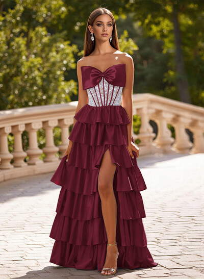 Princess Ball Gown Bow Accented A-Line Charmeuse Prom Dresses With Tiered Skirt