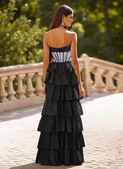 Princess Ball Gown Bow Accented A-Line Charmeuse Prom Dresses With Tiered Skirt