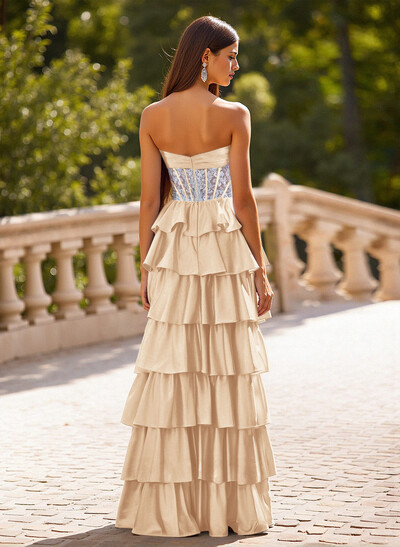 Princess Ball Gown Bow Accented A-Line Charmeuse Prom Dresses With Tiered Skirt
