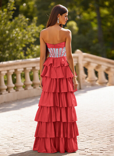 Princess Ball Gown Bow Accented A-Line Charmeuse Prom Dresses With Tiered Skirt