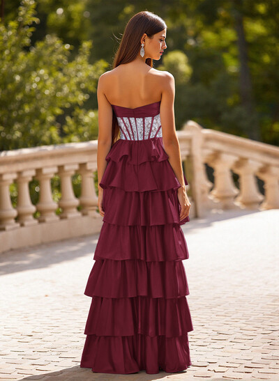 Princess Ball Gown Bow Accented A-Line Charmeuse Prom Dresses With Tiered Skirt