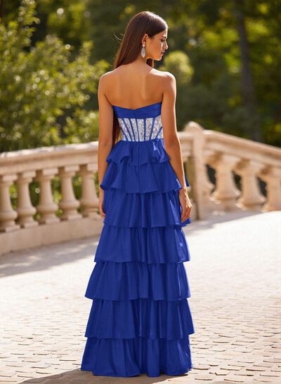 Princess Ball Gown Bow Accented A-Line Charmeuse Prom Dresses With Tiered Skirt