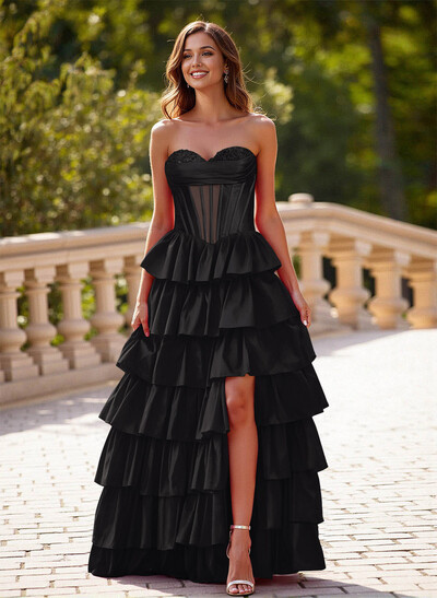 Princess Ball Gown A-Line Charmeuse Prom Dresses With Tiered Skirt