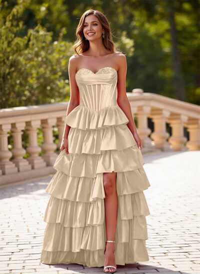 Princess Ball Gown A-Line Charmeuse Prom Dresses With Tiered Skirt