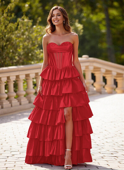Princess Ball Gown A-Line Charmeuse Prom Dresses With Tiered Skirt