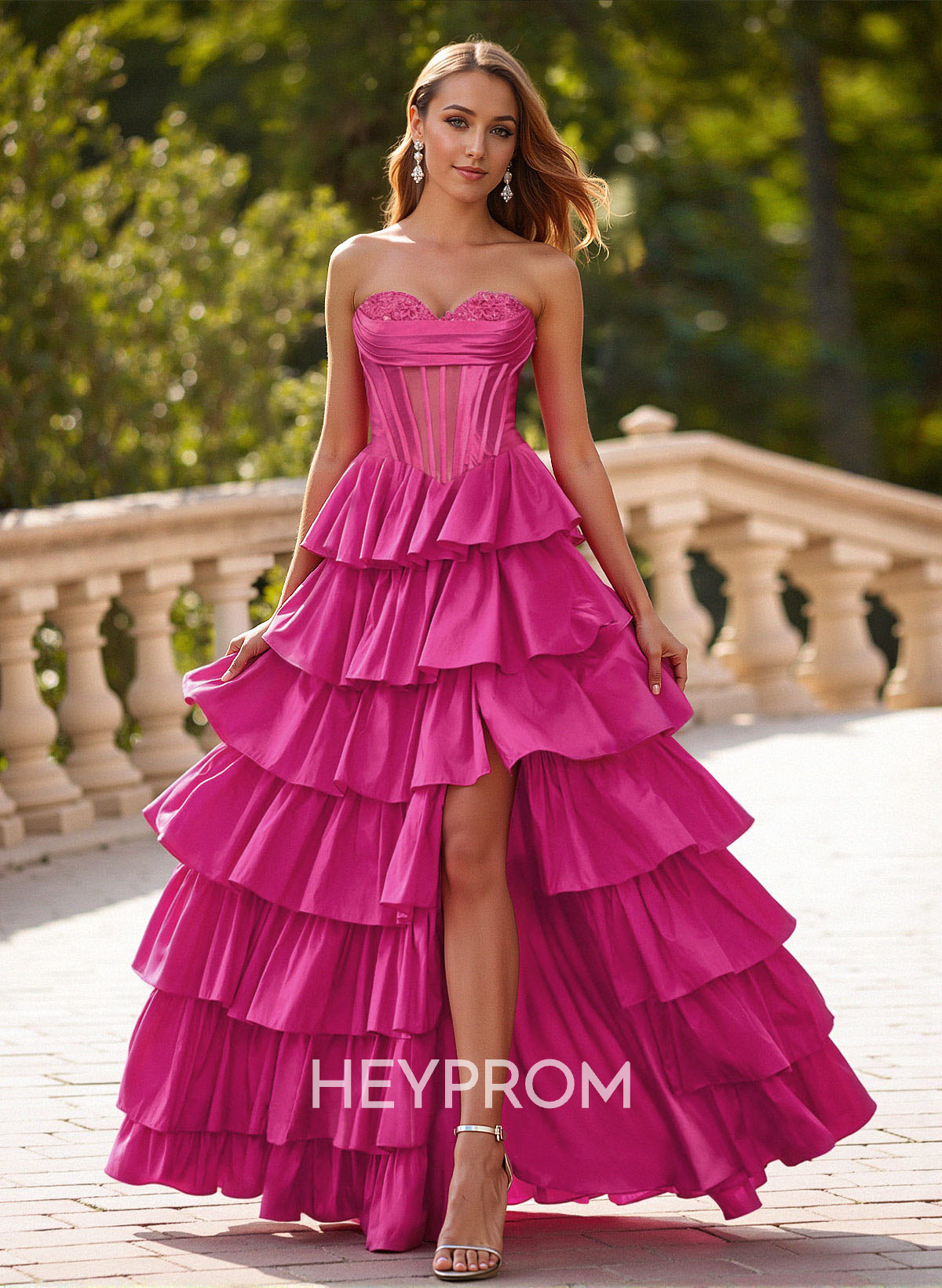 Princess Ball Gown A-Line Charmeuse Prom Dresses With Tiered Skirt
