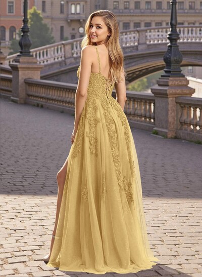 Modest A-Line V-Neck Lace Applique Satin/Tulle Prom Dresses With High Split