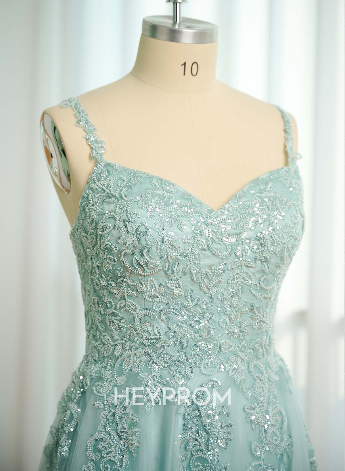 Modest A-Line V-Neck Lace Applique Satin/Tulle Prom Dresses With High Split