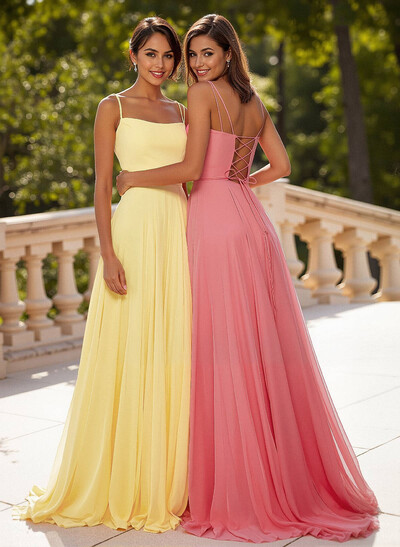 Simple Square Neckline Spaghetti Straps A-Line Sweep Train Chiffon Prom Dresses