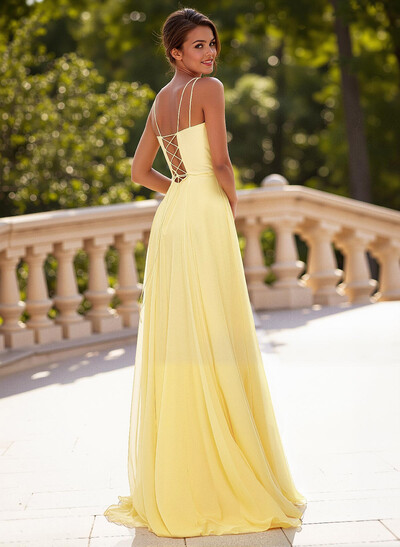 Simple Square Neckline Spaghetti Straps A-Line Sweep Train Chiffon Prom Dresses