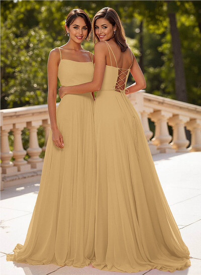 Simple Square Neckline Spaghetti Straps A-Line Sweep Train Chiffon Prom Dresses