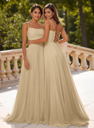 Simple Square Neckline Spaghetti Straps A-Line Sweep Train Chiffon Prom Dresses