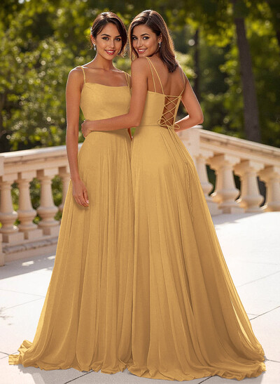 Simple Square Neckline Spaghetti Straps A-Line Sweep Train Chiffon Prom Dresses
