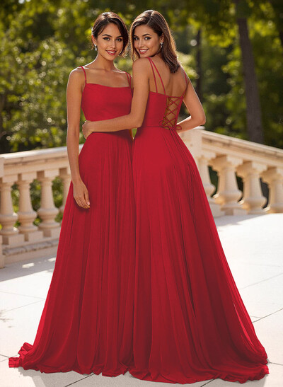 Simple Square Neckline Spaghetti Straps A-Line Sweep Train Chiffon Prom Dresses