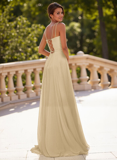 Simple Square Neckline Spaghetti Straps A-Line Sweep Train Chiffon Prom Dresses