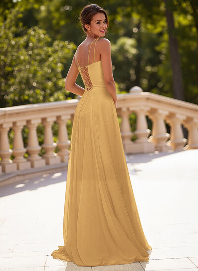 Simple Square Neckline Spaghetti Straps A-Line Sweep Train Chiffon Prom Dresses