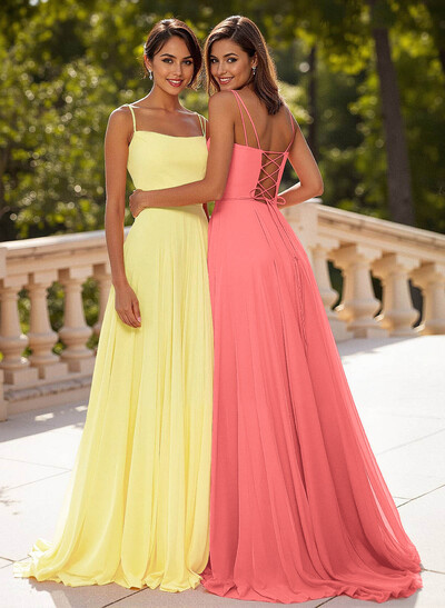 Simple Square Neckline Spaghetti Straps A-Line Sweep Train Chiffon Prom Dresses