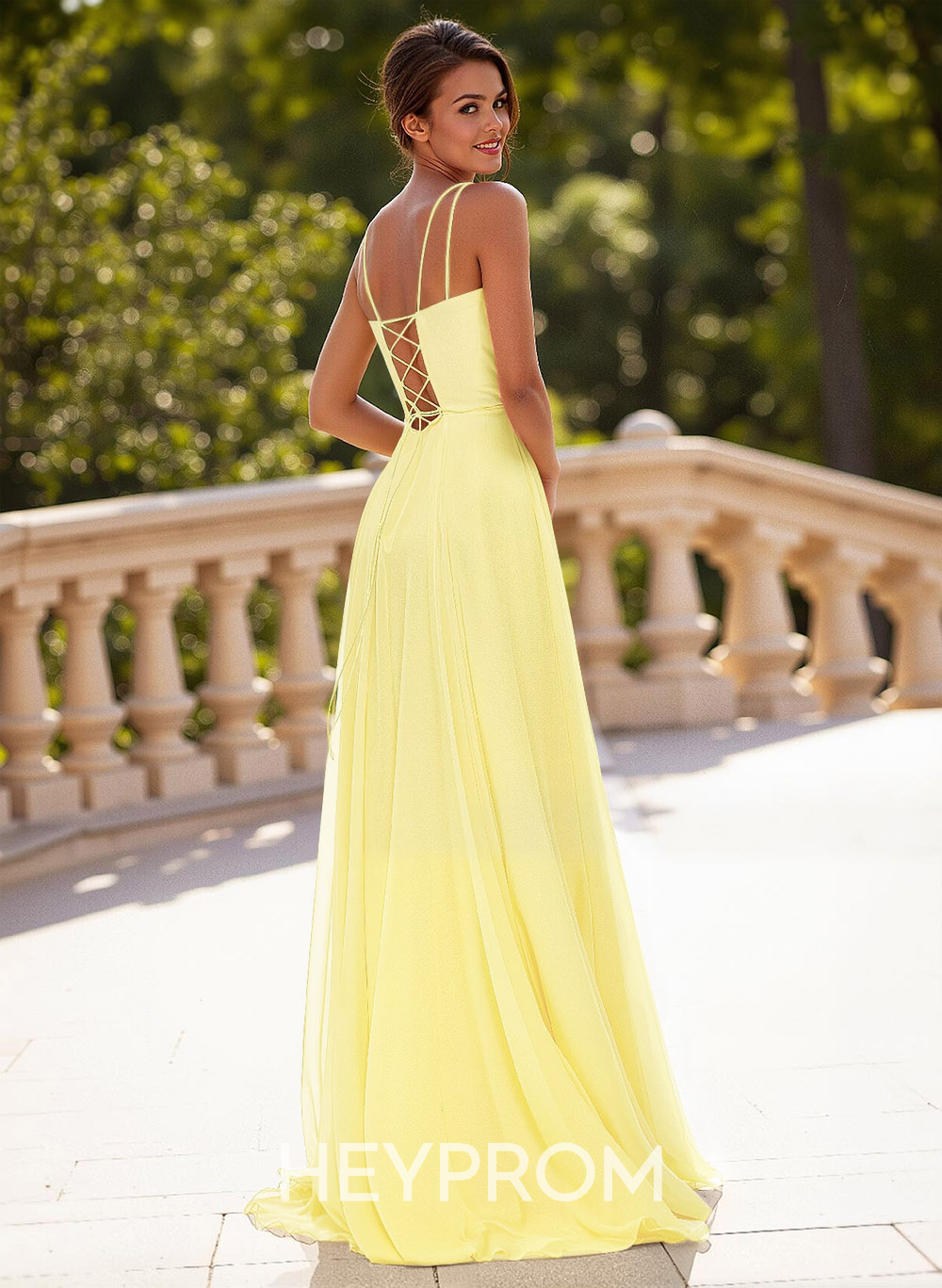 Simple Square Neckline Spaghetti Straps A-Line Sweep Train Chiffon Prom Dresses