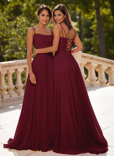 Simple Square Neckline Spaghetti Straps A-Line Sweep Train Chiffon Prom Dresses