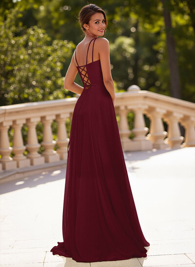 Simple Square Neckline Spaghetti Straps A-Line Sweep Train Chiffon Prom Dresses