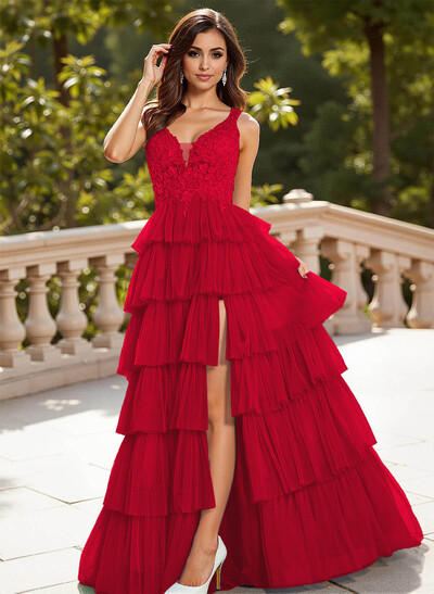 Dreamy Lace V-Neck A-Line Tiered High Split Floor-Length Tulle Prom Dresses