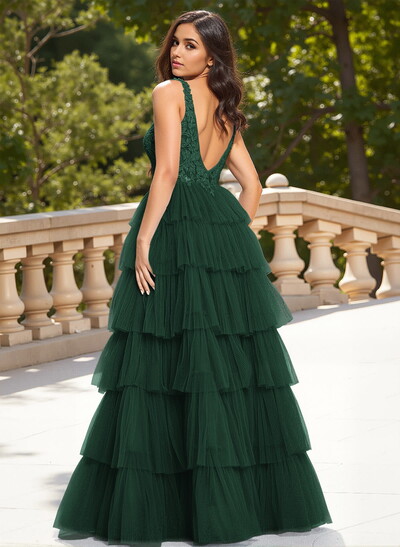 Dreamy Lace V-Neck A-Line Tiered High Split Floor-Length Tulle Prom Dresses