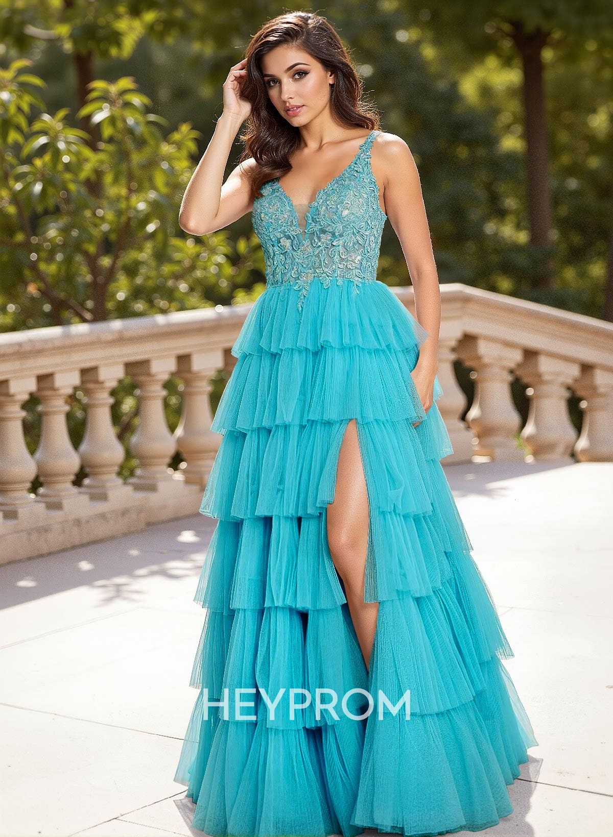 Dreamy Lace V-Neck A-Line Tiered High Split Floor-Length Tulle Prom Dresses