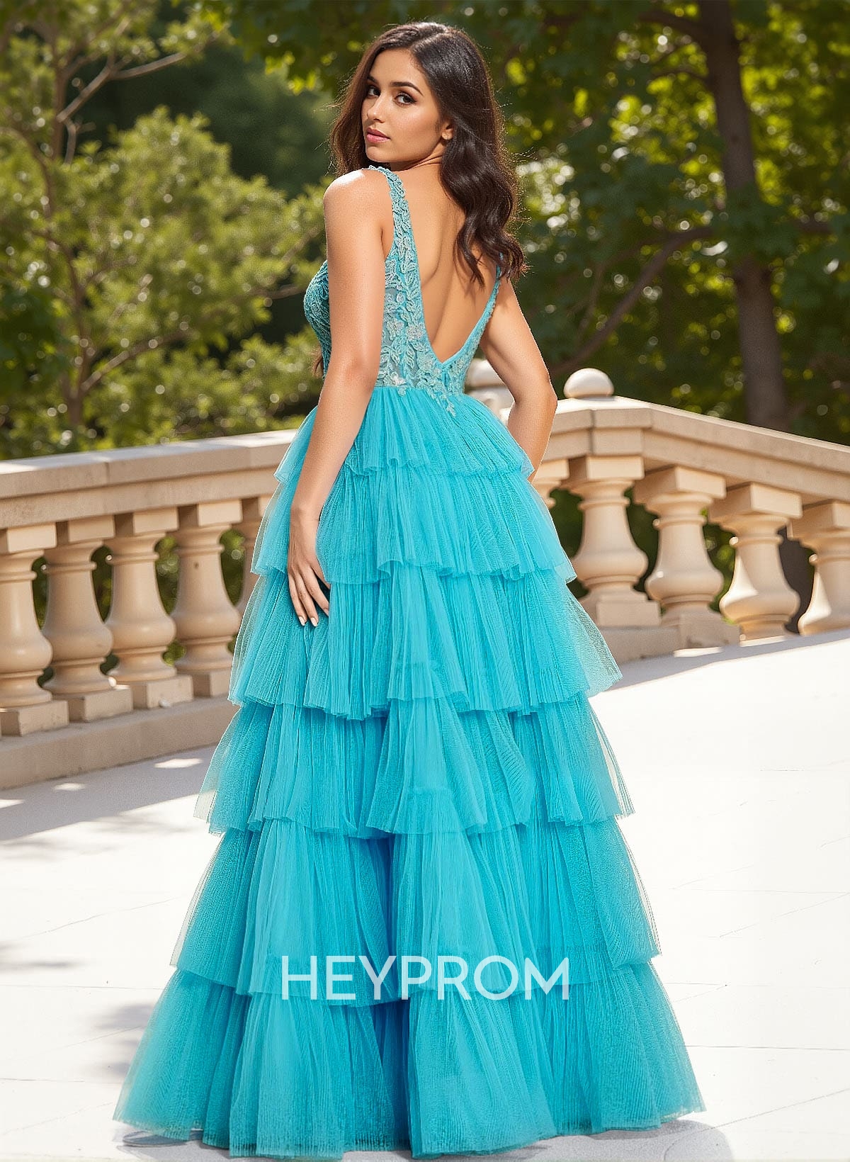 Dreamy Lace V-Neck A-Line Tiered High Split Floor-Length Tulle Prom Dresses