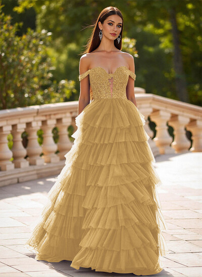 Elegant Off-The-Shoulder A-Line Sweep Train Tulle Prom Dresses With Lace