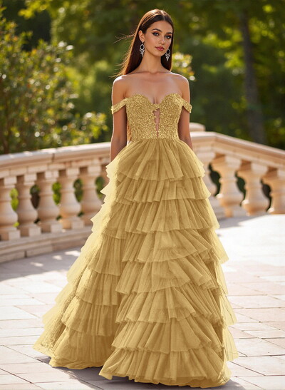 Elegant Off-The-Shoulder A-Line Sweep Train Tulle Prom Dresses With Lace