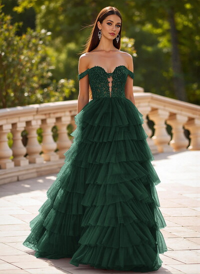 Elegant Off-The-Shoulder A-Line Sweep Train Tulle Prom Dresses With Lace