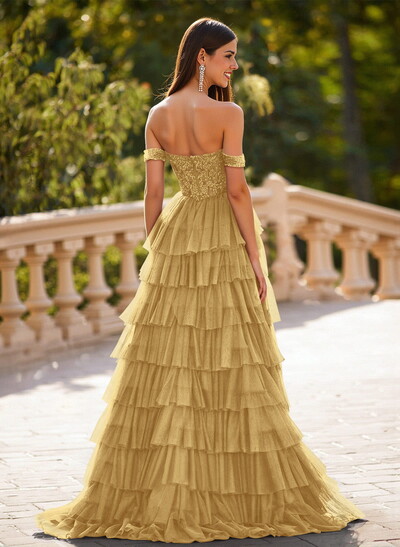 Elegant Off-The-Shoulder A-Line Sweep Train Tulle Prom Dresses With Lace