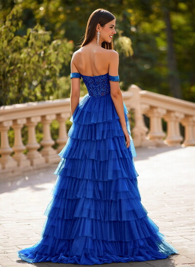 Elegant Off-The-Shoulder A-Line Sweep Train Tulle Prom Dresses With Lace