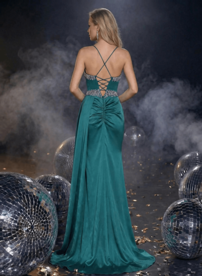 Sparkle V-Neck Acetate Satin Prom DressesWith Sweeping Side Drape