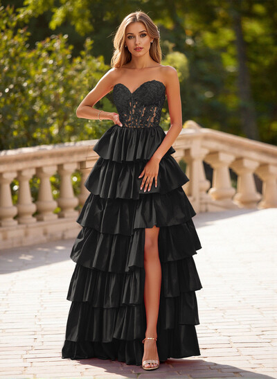 Unique Lace Sweetheart A-Line High Split Tiered Floor-Length Charmeuse Prom Dresses