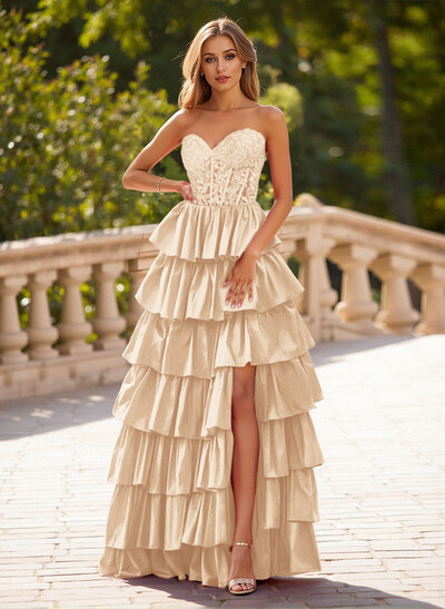 Unique Lace Sweetheart A-Line High Split Tiered Floor-Length Charmeuse Prom Dresses