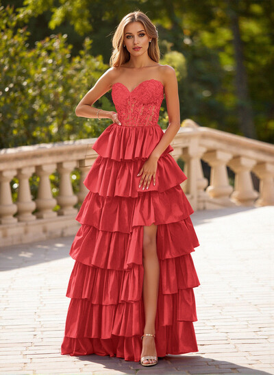Unique Lace Sweetheart A-Line High Split Tiered Floor-Length Charmeuse Prom Dresses