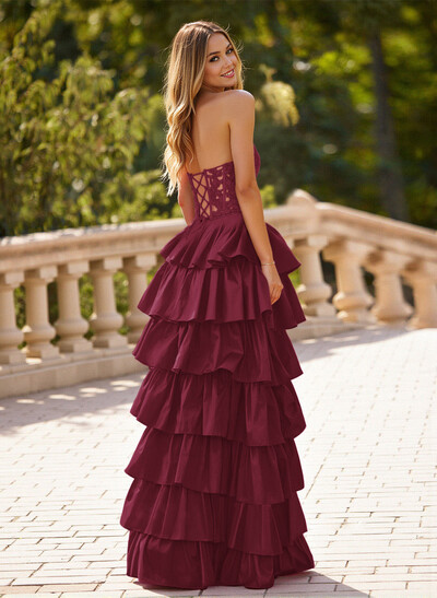 Unique Lace Sweetheart A-Line High Split Tiered Floor-Length Charmeuse Prom Dresses