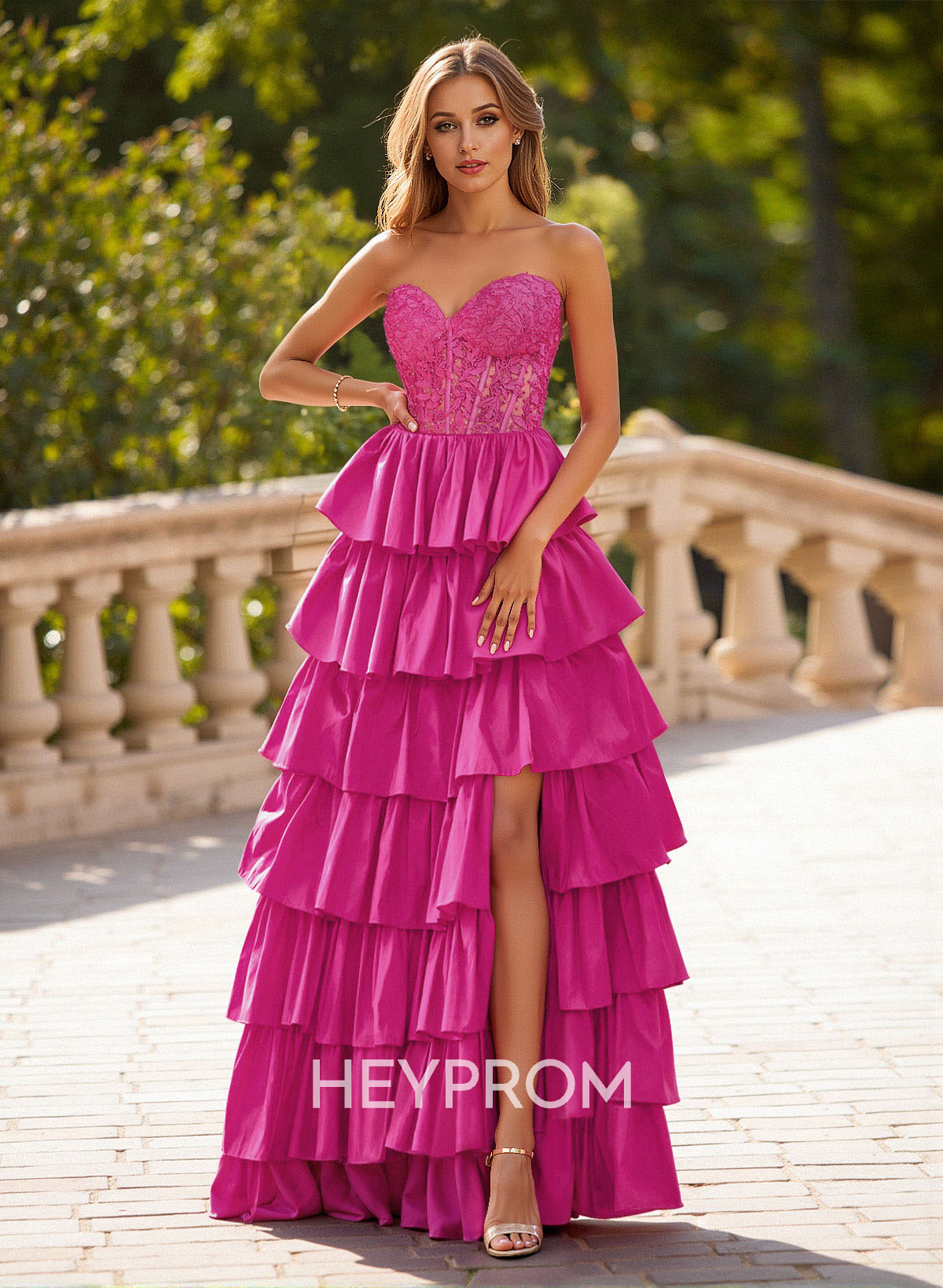 Unique Lace Sweetheart A-Line High Split Tiered Floor-Length Charmeuse Prom Dresses