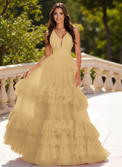 Dreamy V-Neck A-Line Tiered Floor-Length Tulle Prom Dresses With Ruffle