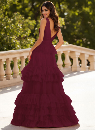 Dreamy V-Neck A-Line Tiered Floor-Length Tulle Prom Dresses With Ruffle