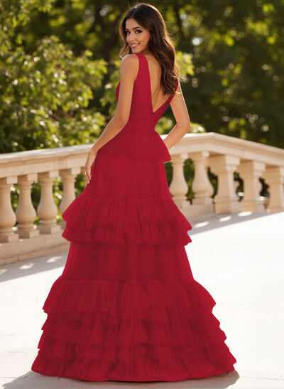 Dreamy V-Neck A-Line Tiered Floor-Length Tulle Prom Dresses With Ruffle